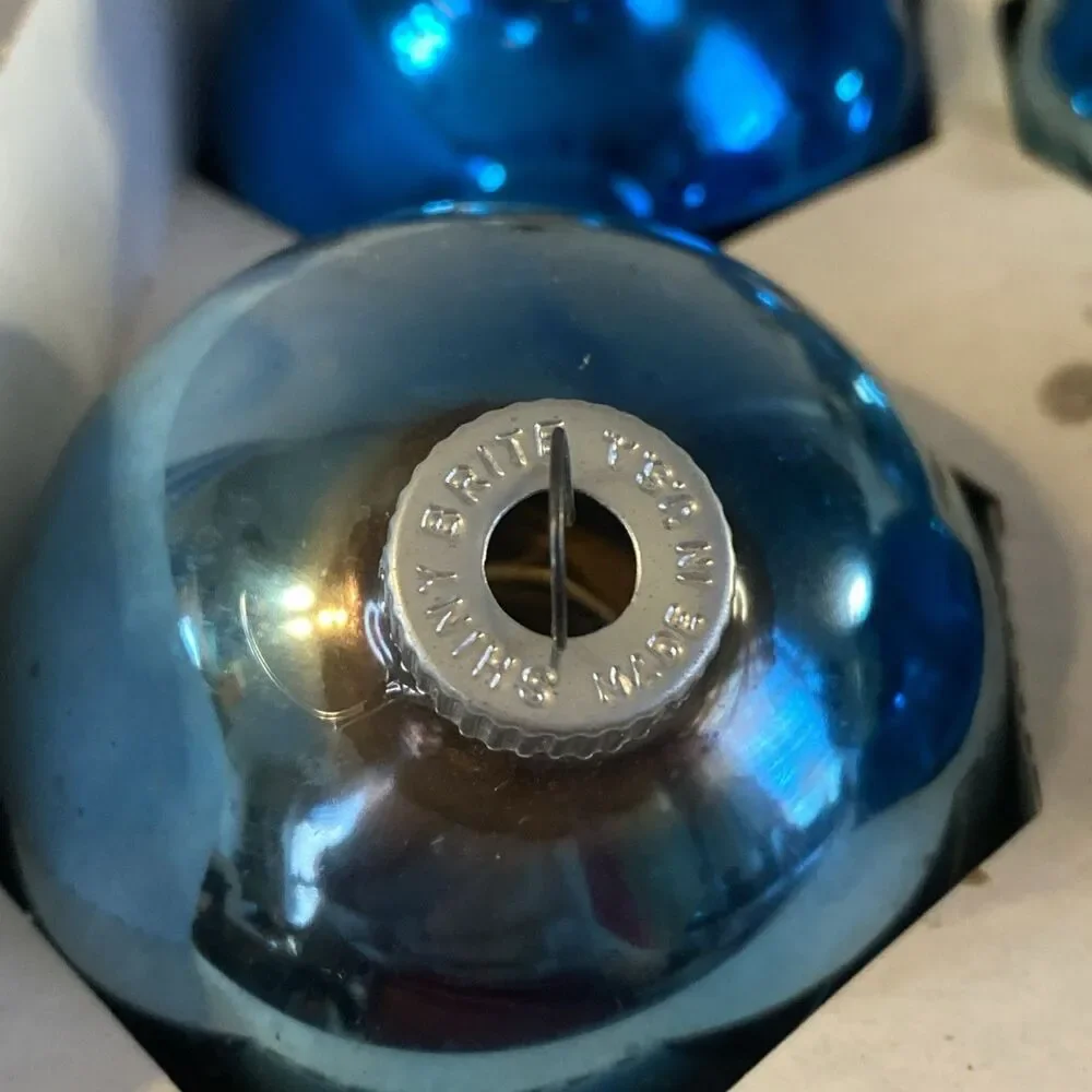 Vintage Christmas Glass Ball Ornaments Blue Shiny Brite & Rauch 8.5